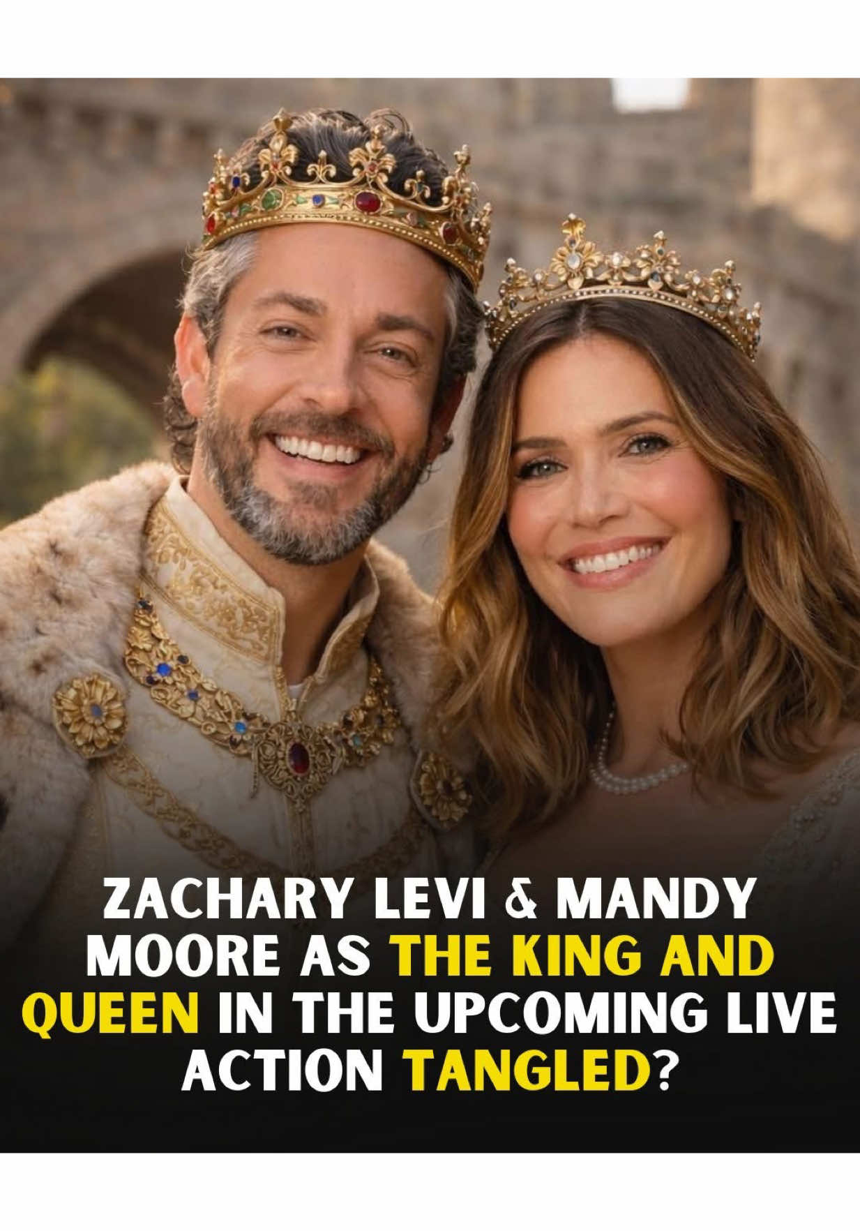 TikTok post by @astoldbydom for Disney Studios Indonesia. Caption reads: Zachary Levi & Mandy Moore as Rapunzel’s Parents....