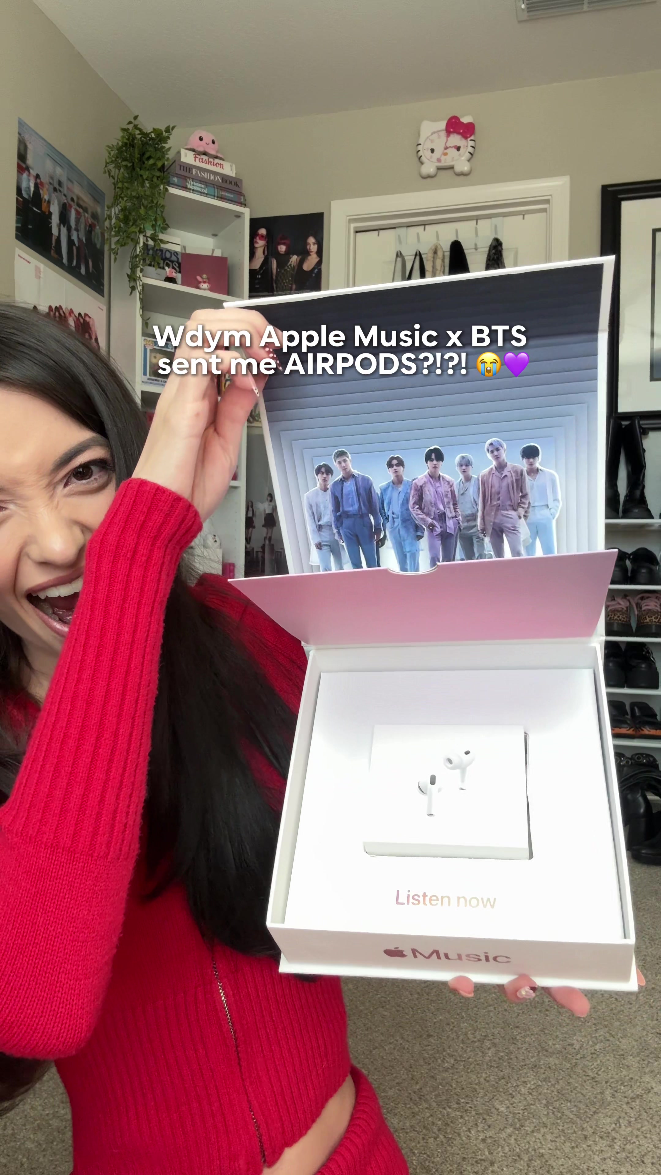 TikTok post by @actually_adrienne for Apple Music. Caption reads: What an INSANE pr package omg?!?! @BTS @Apple....