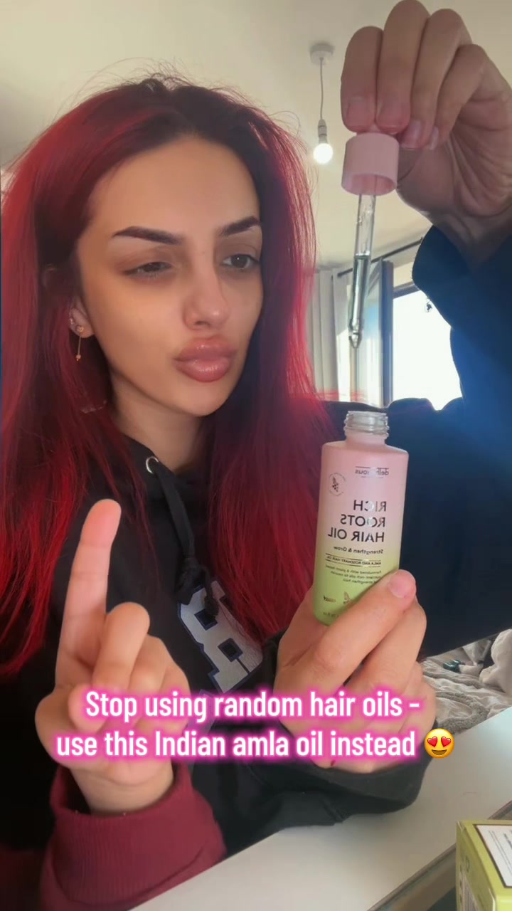 TikTok post by @salmacherry for Delhicious Body. Caption reads: Rich Roots Hair Oil? @Delhicious A must 🌿✨ It’s....