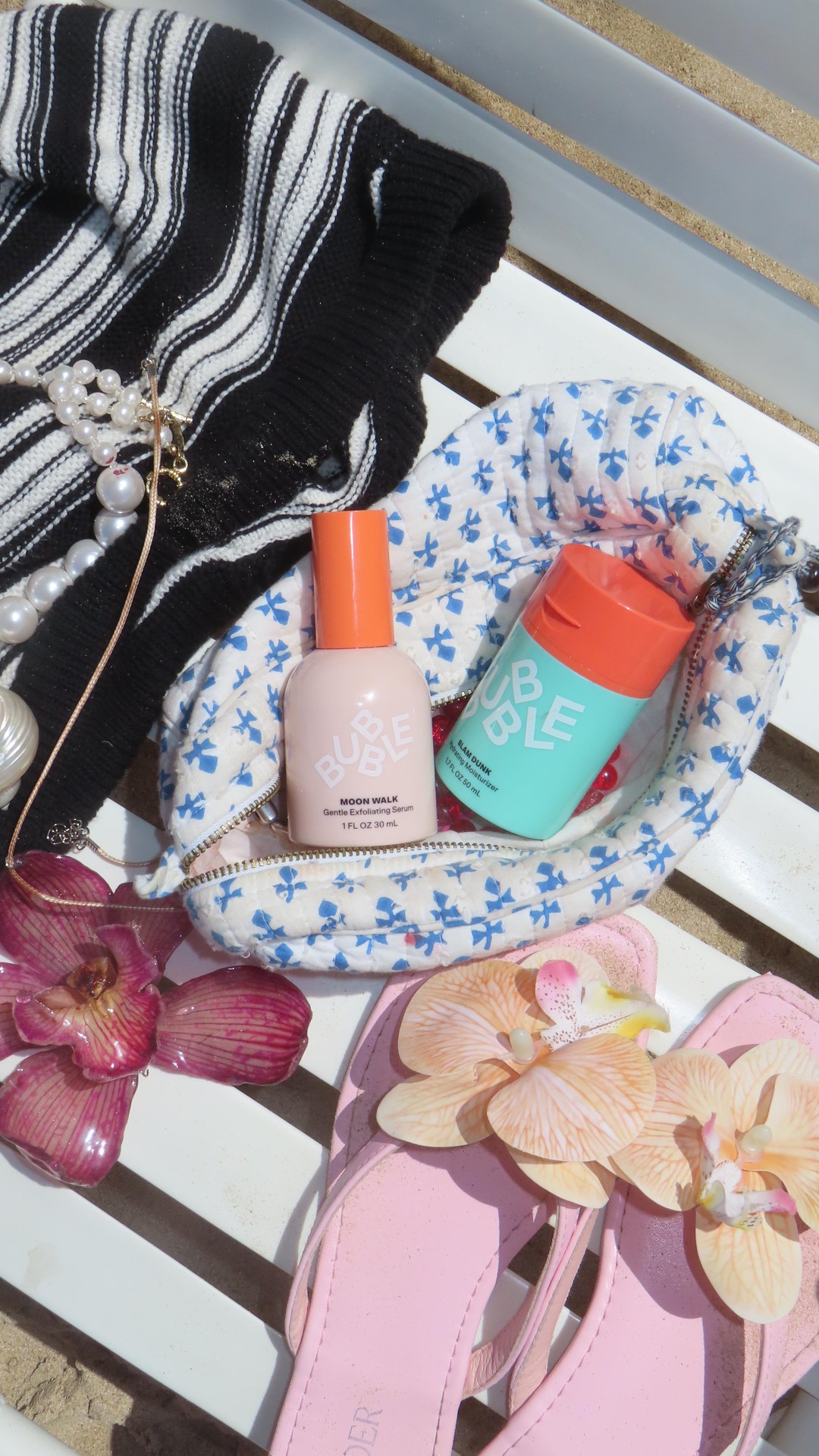 Instagram post by @laraadkins for hellobubble.com. Caption reads: bus, plane, @bubble skincare routine, another bus....