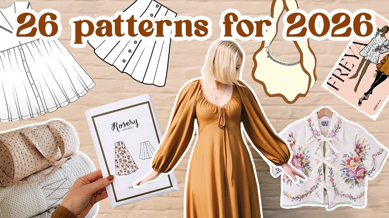 YouTube post by @RoseryApparel for Squarespace. Caption reads: 26 Patterns to Sew in 2026! | Sewing Ideas and....