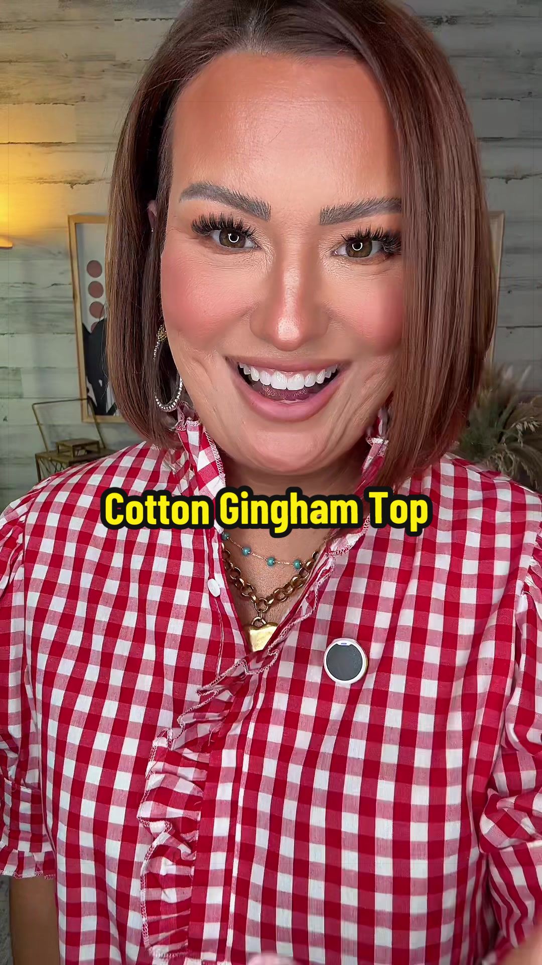 TikTok post by @katrinagmoore for SageVell. Caption reads: [...] Vell #gingham #blouse #summeroutfits....