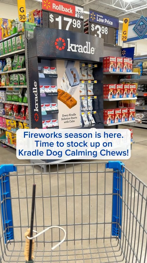 Instagram post by @walmartbargains for Kradle. Caption reads: [...] season stressing out your furry friend?....