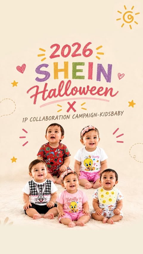 Instagram post by @twins.saga for SHEIN KIDS. Caption reads: 2026 SHEIN Halloween × IP Collaboration....