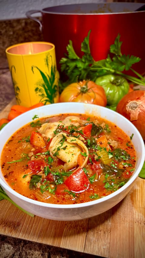 Instagram post by @foodcreationsforyou for Taste Republic. Caption reads: Italian sausage and tortelloni soup 🍅 🌿 🍁 🥣 is....