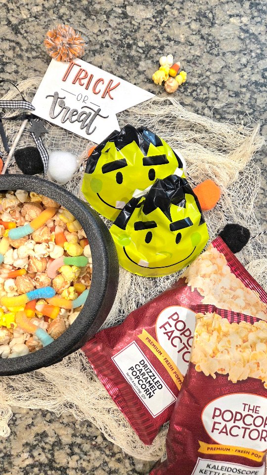 Instagram post by @addieplusthree for The Popcorn Factory. Caption reads: #ad Talk about obsessed with this Monster Munch....