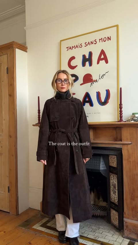 Instagram post by @chloekathbutler for RISE & FALL. Caption reads: The easiest styling hack there is 🧥 Brown suede....