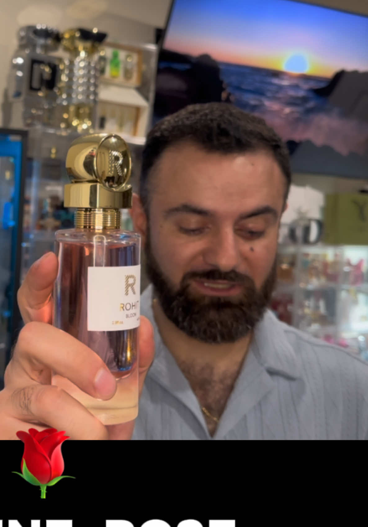 TikTok post by @fahoodyfragrance for Bharara Beauty. Caption reads: Rohit Bloom Amazing fragrance! @Bharara Beauty....