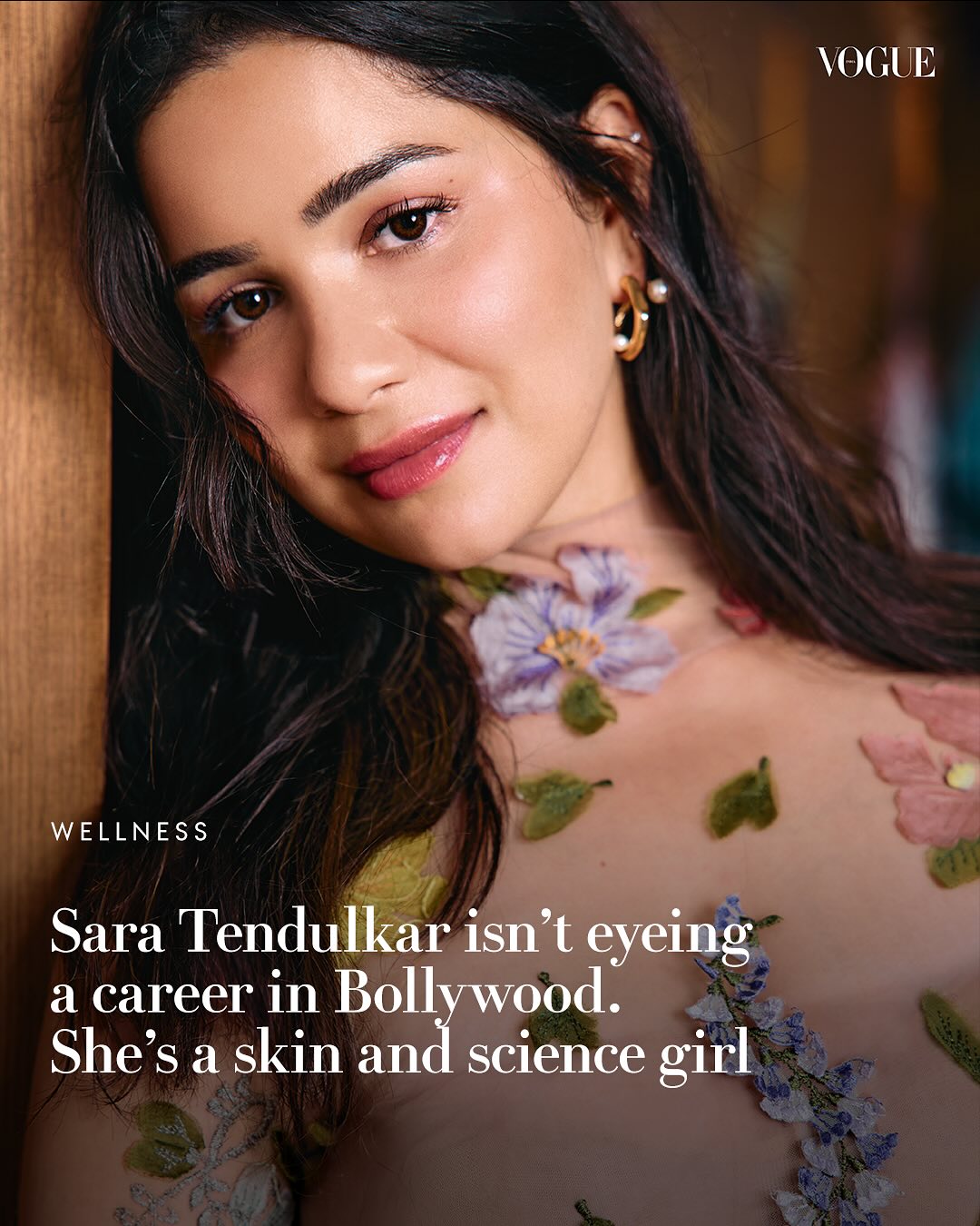 Instagram post by @saratendulkar for VOGUE India. Caption reads: “My bedtime stories were case studies of skin....