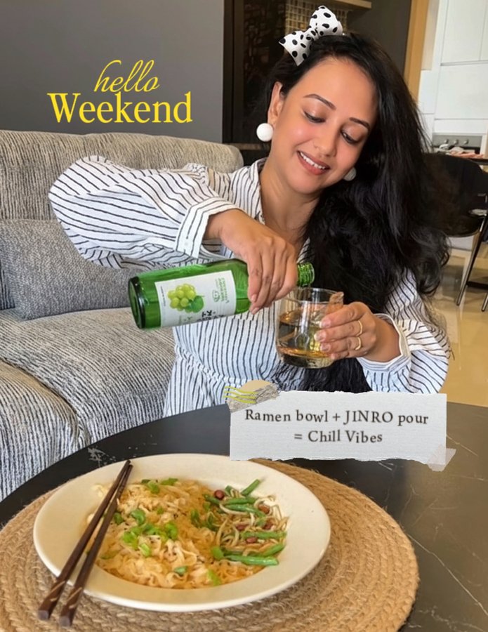 Instagram post by @wat.she.cooks for Partipost. Caption reads: Weekend Vibe: Ramen bowl,  Jinro pour
and nothing....