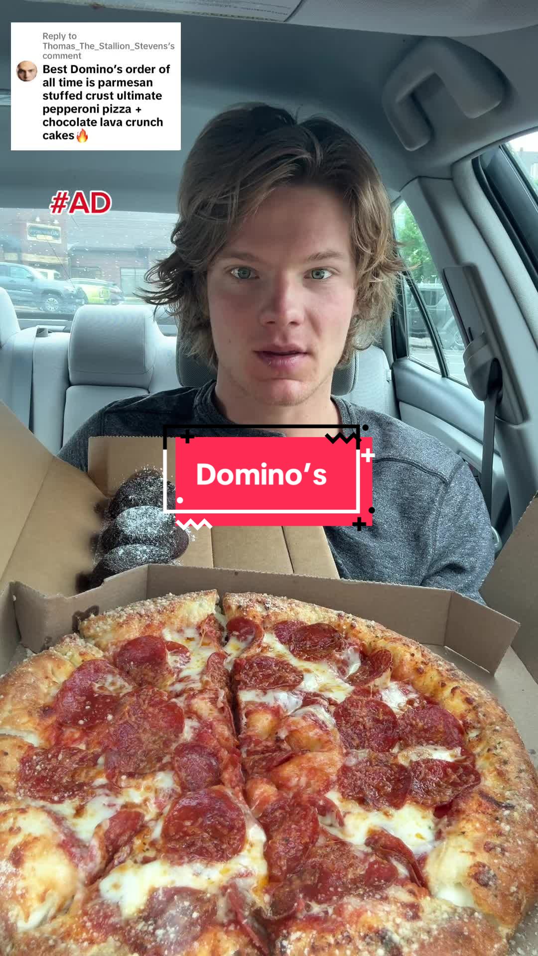 TikTok post by @ianjackedeats for Domino's. Caption reads: Trying one of my followers favorite orders from....