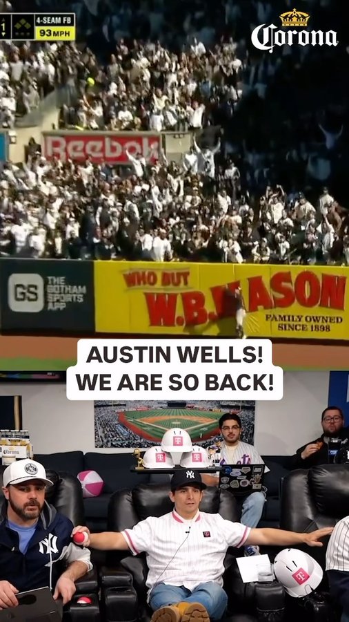 Instagram post by @jomboy_ for Corona USA. Caption reads: AUSTIN WELLS HITS THE FIRST HOMER OF OPENING....