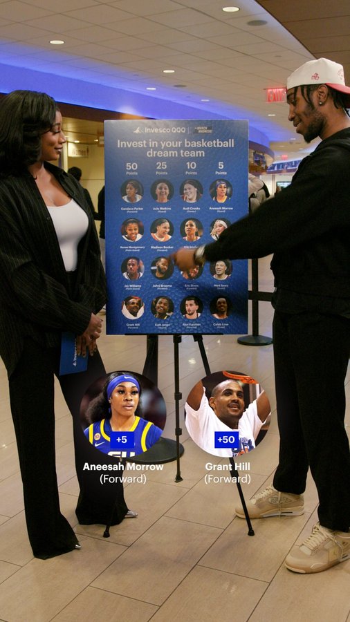 Instagram post by @taylorrooks for Invesco US. Caption reads: Diversifying your team is essential in basketball....