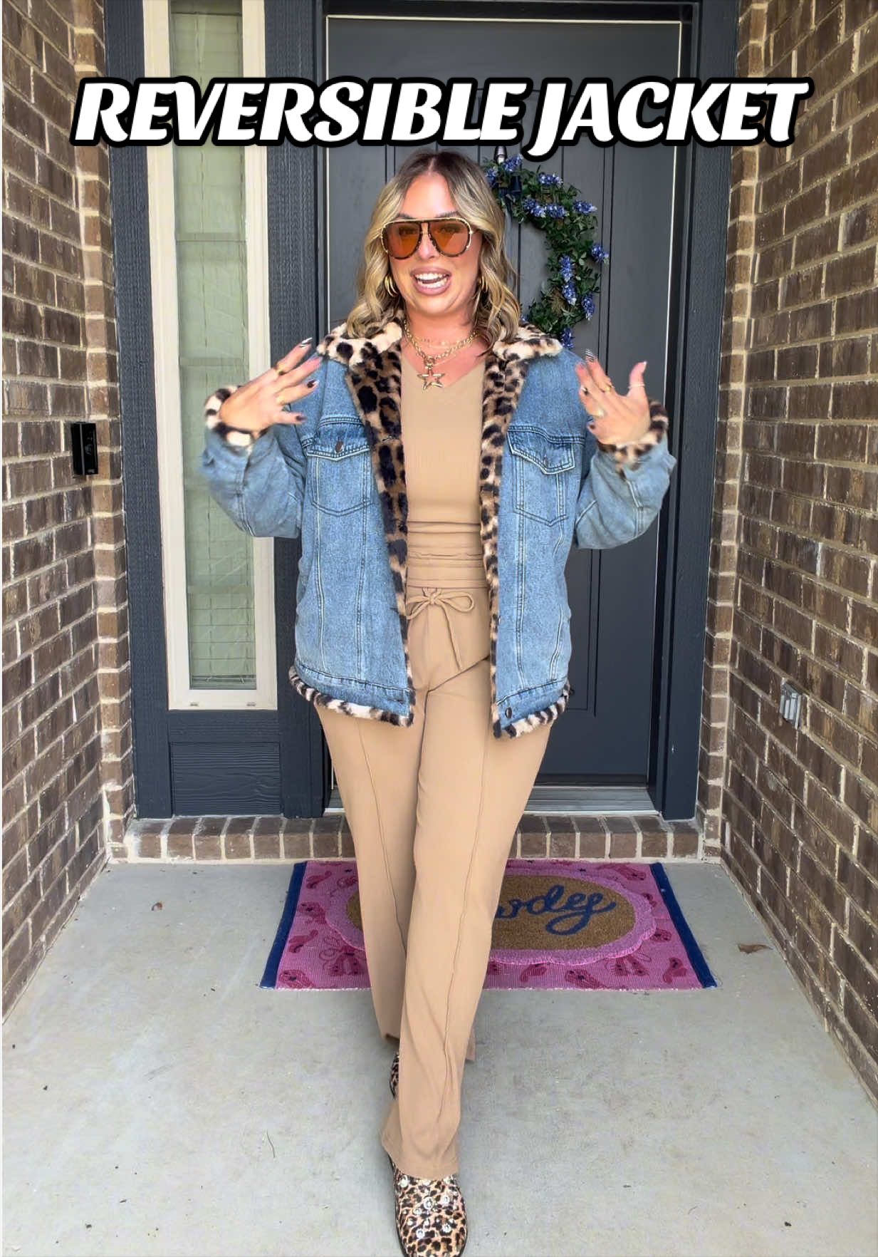 TikTok post by @its.myrandajenkins for Dokotoo. Caption reads: denim + leopard 🤏🏼🐆😮‍💨✨ @DOKOTOO-US #furcoat....
