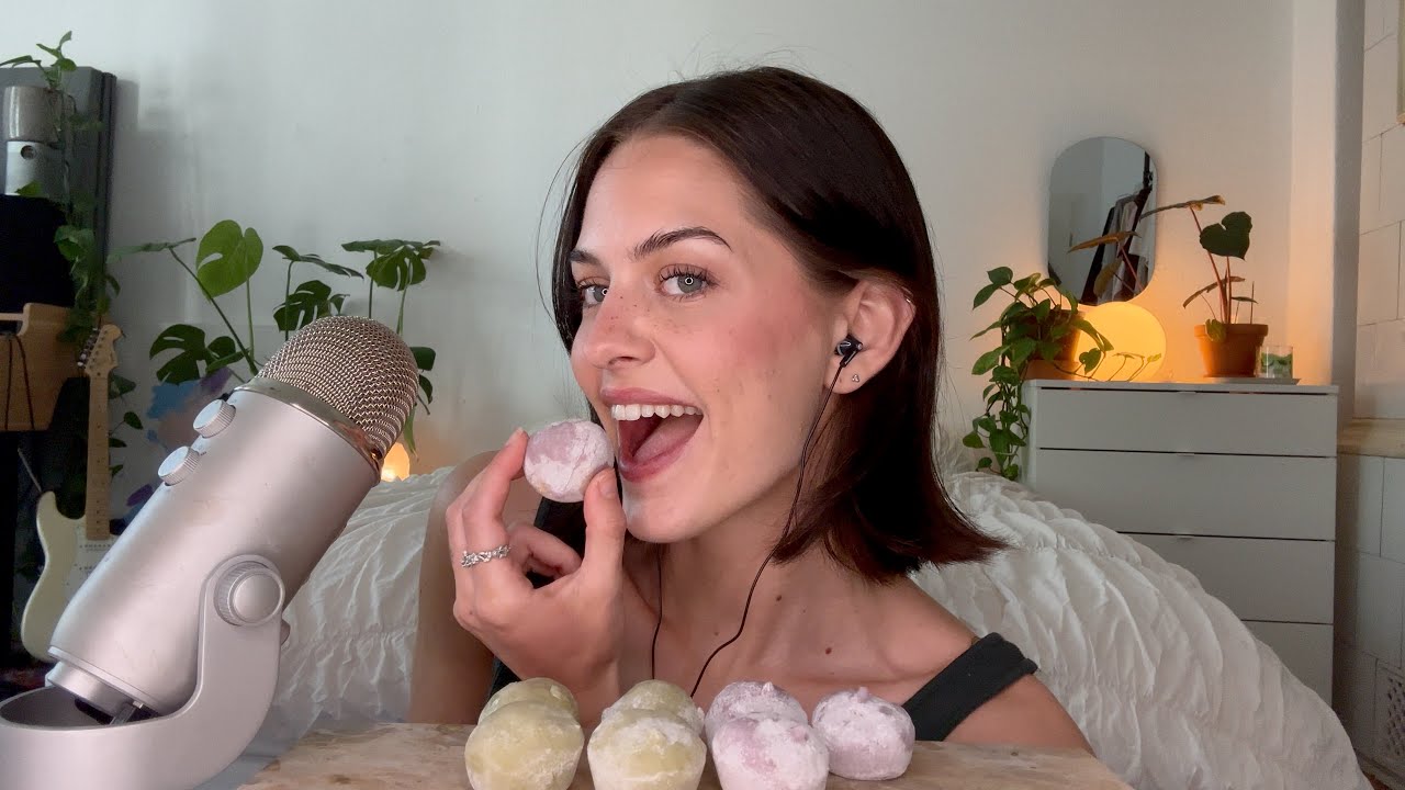 YouTube post by @frecklesasmr for LANDR. Caption reads: ASMR eating mochi ice cream🍨.
