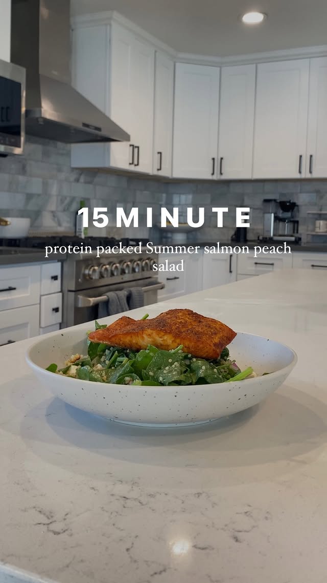 Instagram post by @marykateschmidt for organicgirl. Caption reads: [...] Salmon Summer Peach Salad made with....