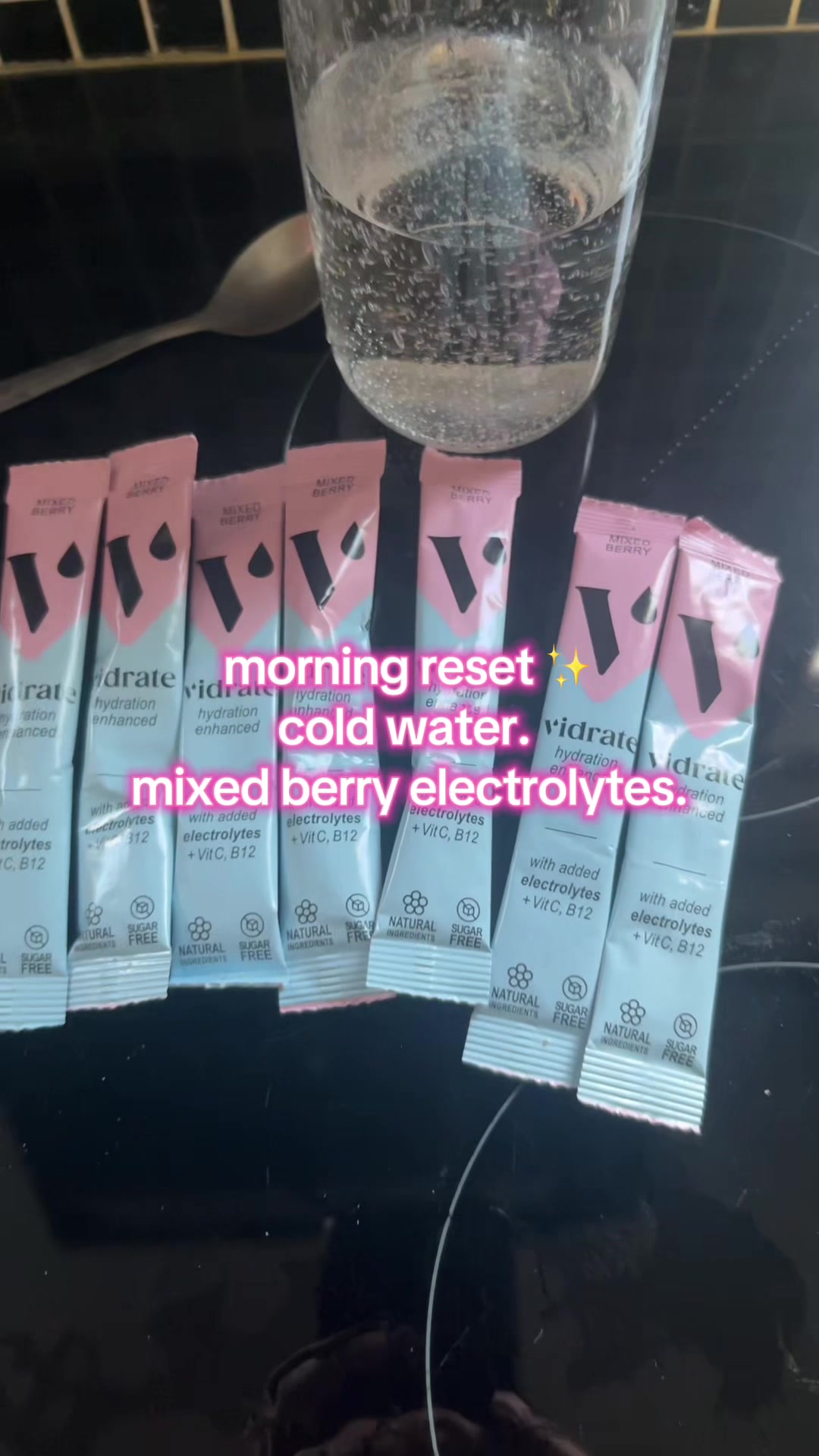 TikTok post by @katherinejohnson871 for ViDrate. Caption reads: Morning reset 🌟@Vidrate #vidrate #electrolytes....