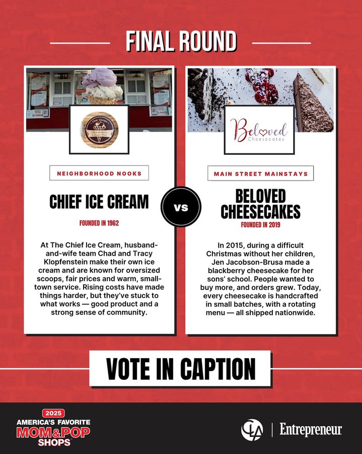 Instagram post by @beloved.cheesecakes for Entrepreneur. Caption reads: It’s the final showdown! 🏆 Cast your vote now in....