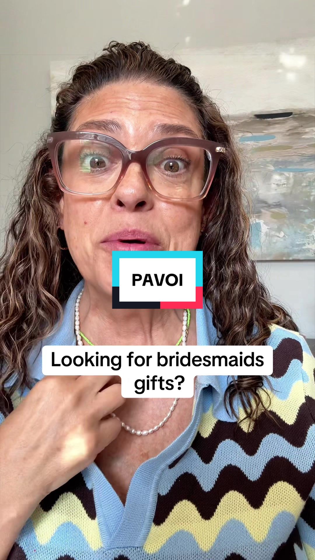 TikTok post by @justmeteresa1 for PAVOI. Caption reads: @PAVOI #bridesmaidsgifts #affordablejewelry [...].