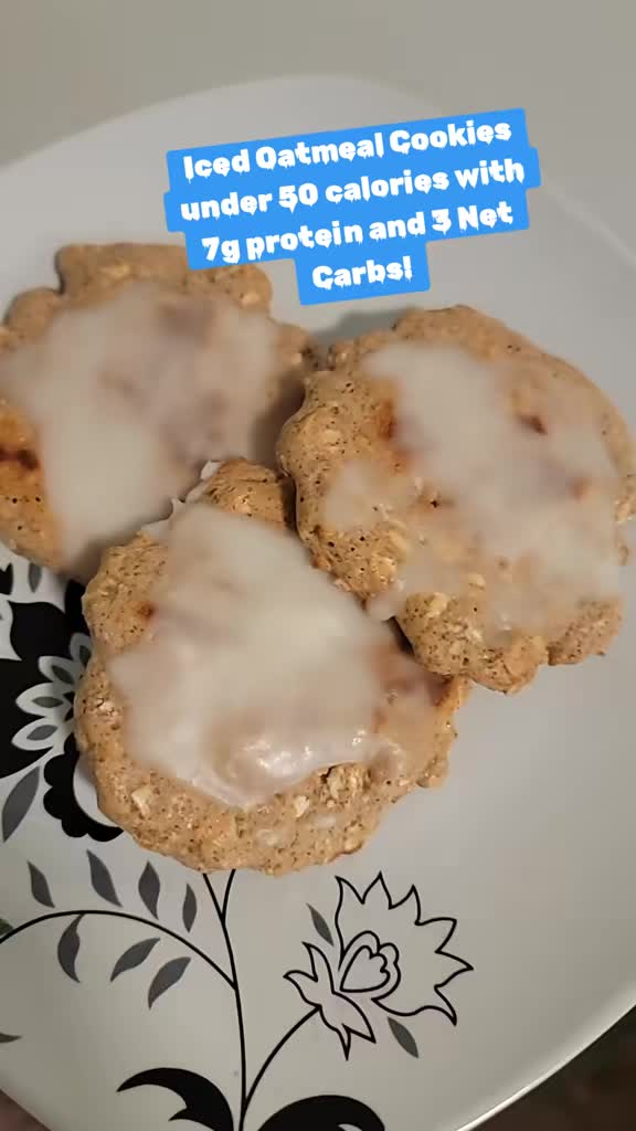 TikTok post by @itskatrinachristine for Skinny Mixes. Caption reads: Protein Iced Oatmeal Cookies under 50 calories....