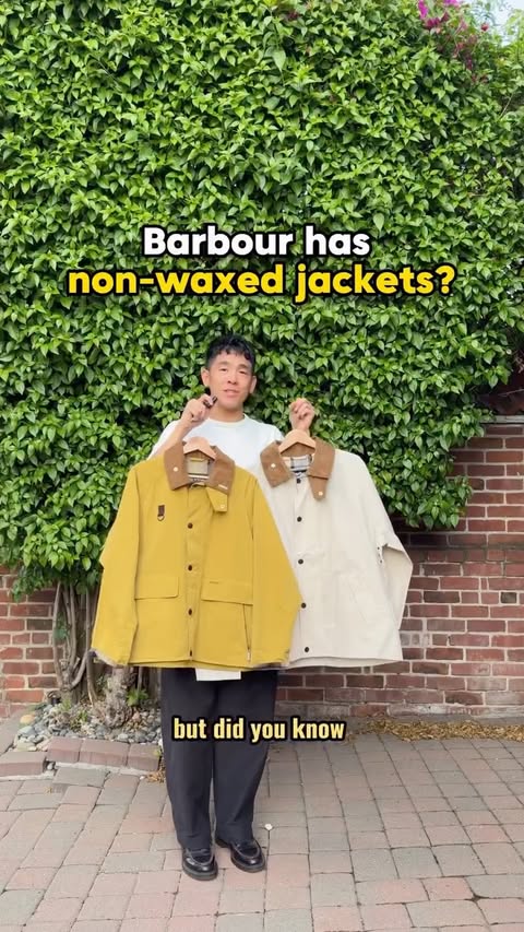 Instagram post by @andrewpolo_ for Barbour. Caption reads: [...] non-waxed versions of your favorite @barbour....