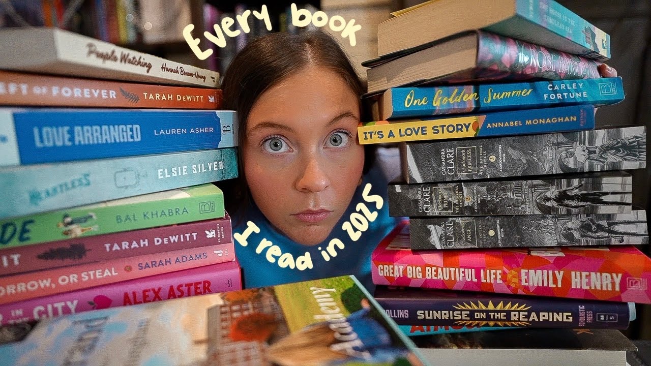 YouTube post by @whatsdesreading for BookoftheMonth. Caption reads: Every book I read in 2025 reviewed in 30 minutes.