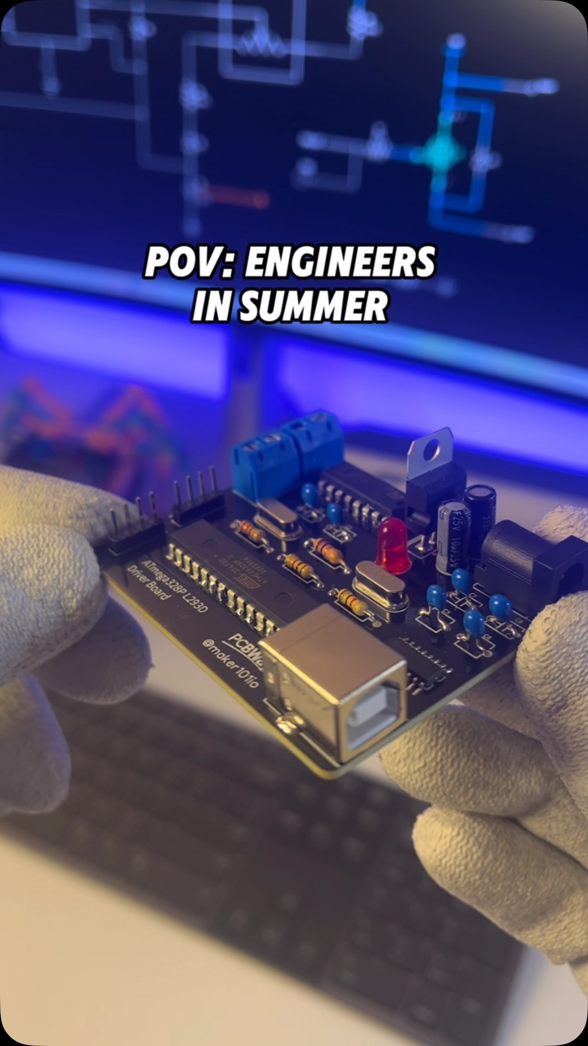 Instagram post by @kamitronix for PCBWay. Caption reads: Some people party all summer...engineers just keep....