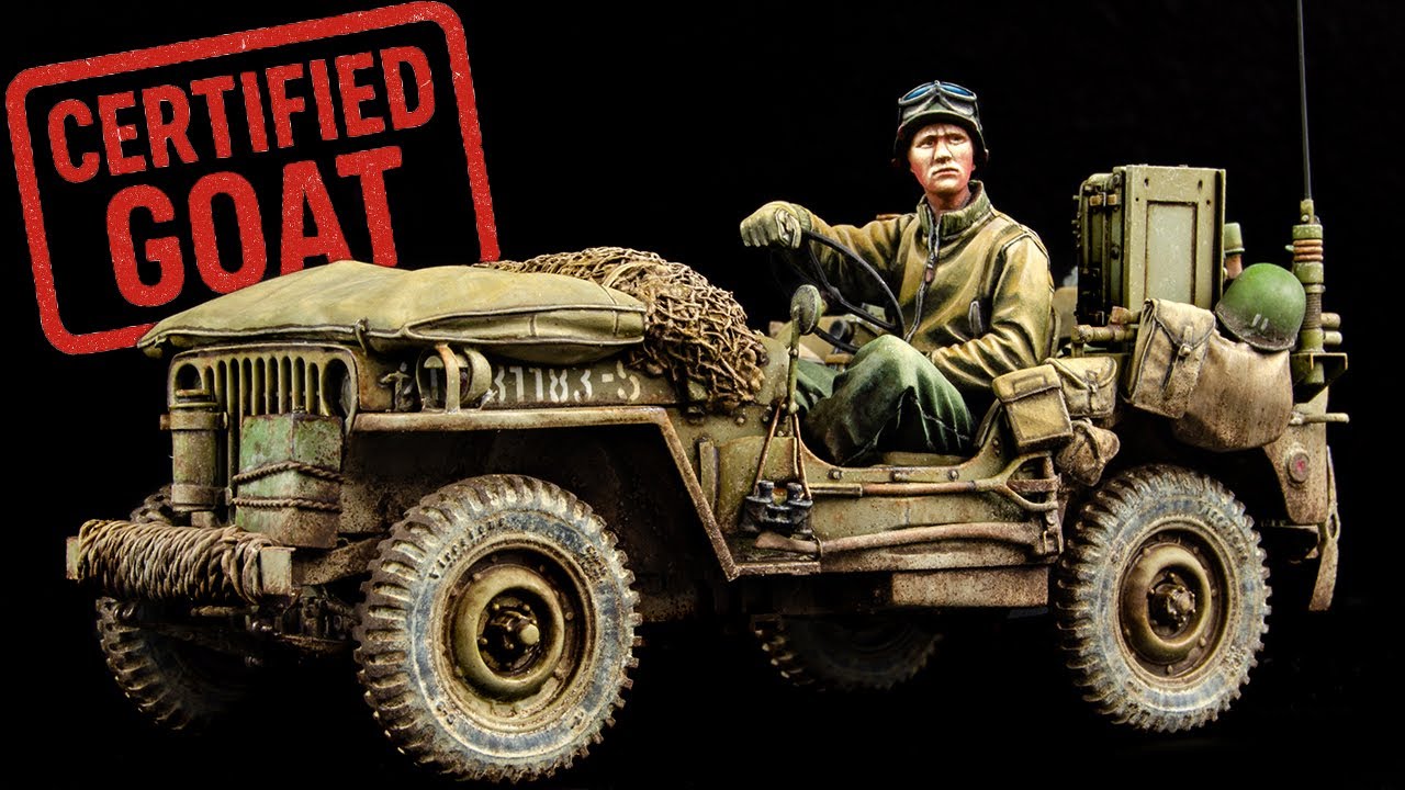 YouTube post by @NightShiftScaleModels for AK-Interactive. Caption reads: Small Jeep, Maximum Effort! (Takom 1/35 Full....