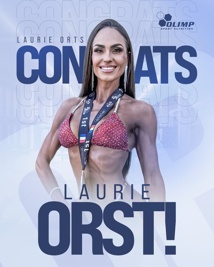 Instagram post by @coach_laurie_rs for Olimp Sport Nutrition. Caption reads: 🎉 Huge congratulations to our ambassador....