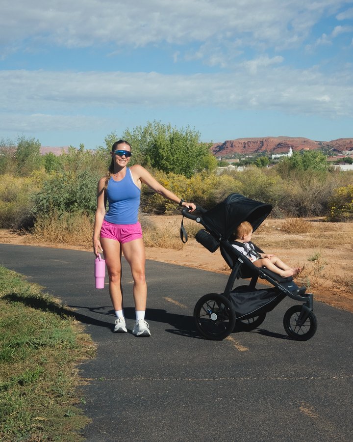 Instagram post by @morganrosemoroney for UPPAbaby. Caption reads: Less than 3 weeks before my half marathon, and....