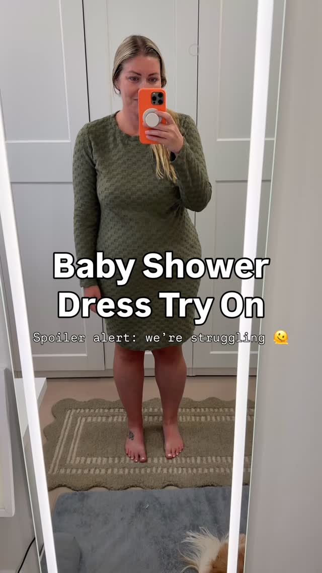 Instagram post by @maintainingkasey for PinkBlush Maternity. Caption reads: Trying to find a dress for our baby shower is....