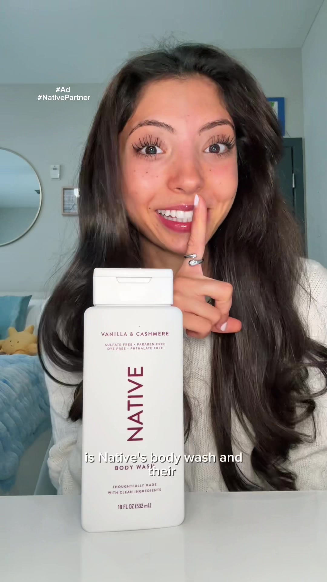 TikTok post by @miaristaino for Native. Caption reads: #Ad #NativePartner @Native Vanilla & Cashmere Body....