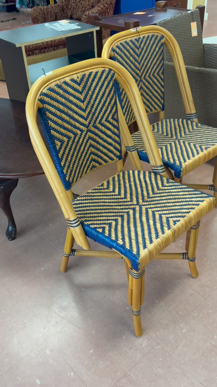 Instagram post by @palmbeachthrifters for Serena & Lily. Caption reads: Fantastic pair of rattan Parisian style bistro....