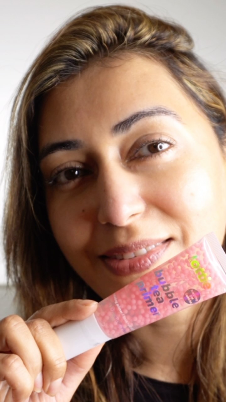 Instagram post by @marriumsshah for LottieLondon. Caption reads: Lotte Bubble Tea Primer: Hydrating, smoothing, and....