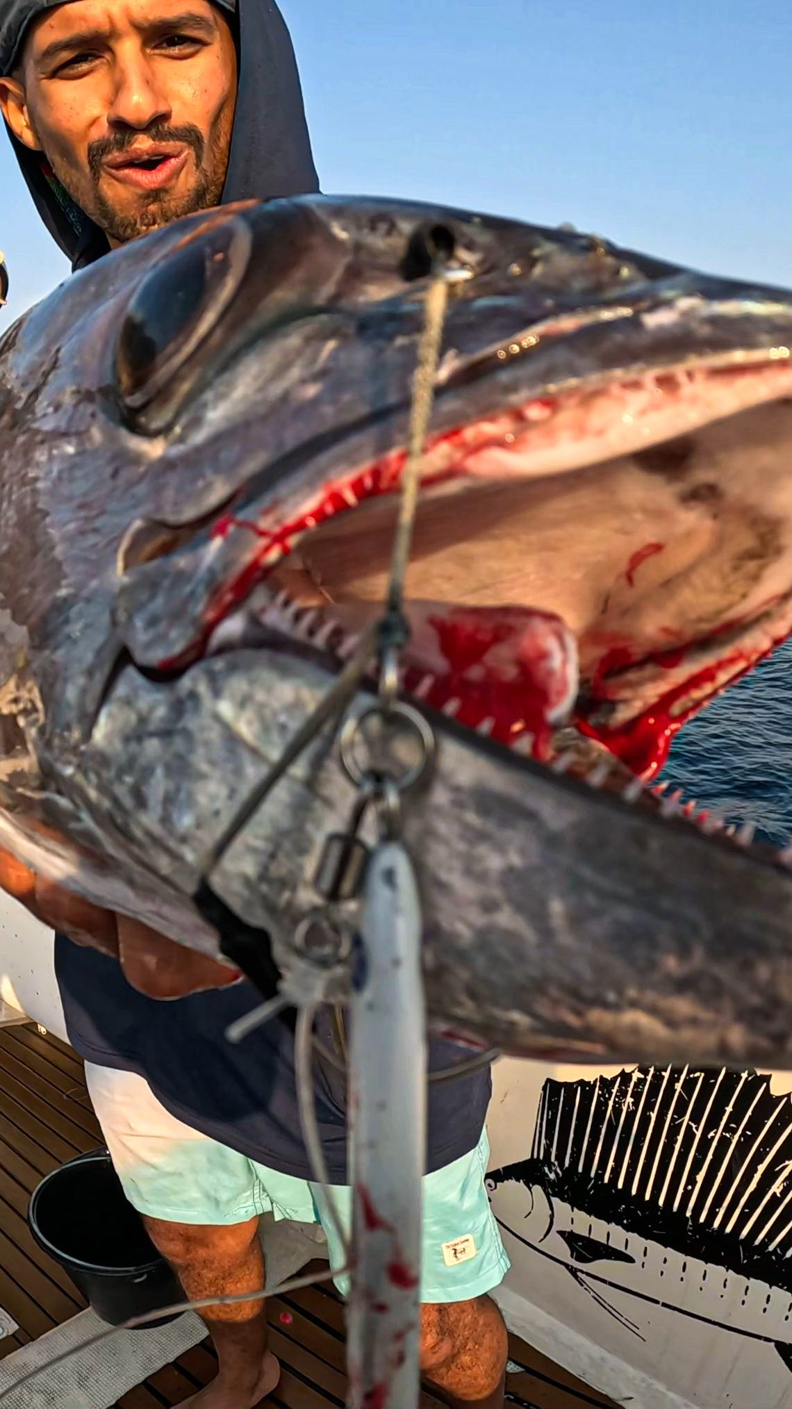 Instagram post by @m.naji__ for BlueBlue Fishing. Caption reads: Back to jigging 🔥🎣
.
Dogtooth tuna 🐾
Setup for....