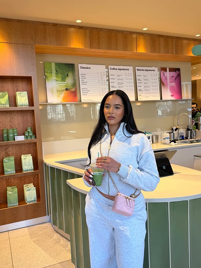 Instagram post by @teneikalidia for Boohoo. Caption reads: Comfy fits & matcha in hand 🩶🍵 @boohoo code....