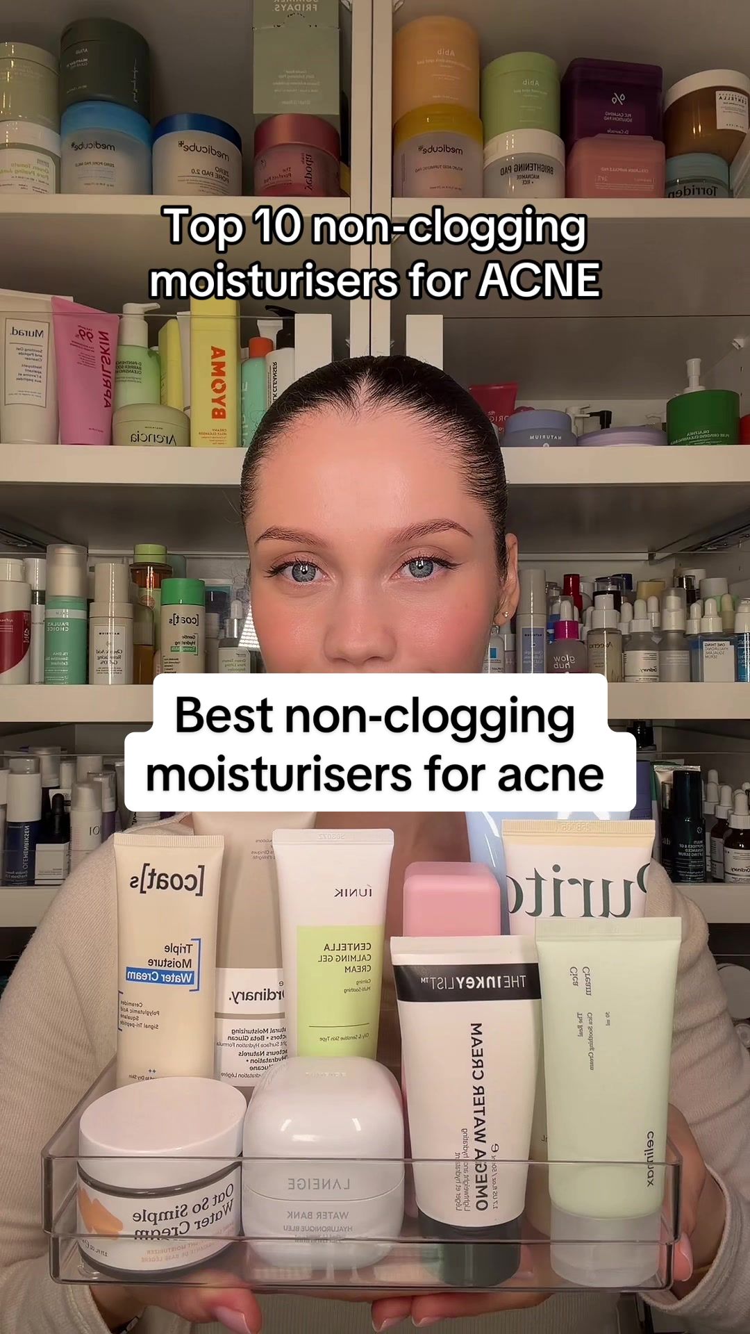 TikTok post by @sparklesandskin for Theinkeylist. Caption reads: Top 10 non-clogging moisturisers I’ve tried for....