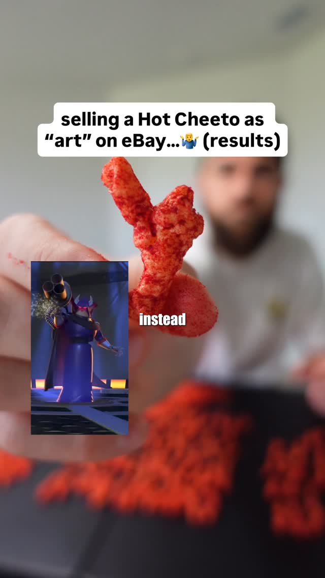 Instagram post by @wyattsippy for Photoroom. Caption reads: Selling a Hot Cheeto as “art” on eBay… (results)....