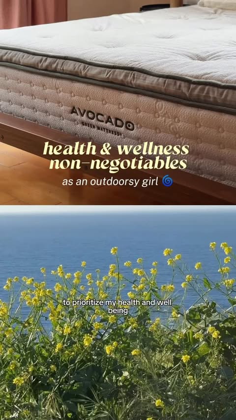Instagram post by @sophiaxverde for Avocado Green Mattress. Caption reads: outdoorsy girl health & wellness rituals 🌀☁️ AD....