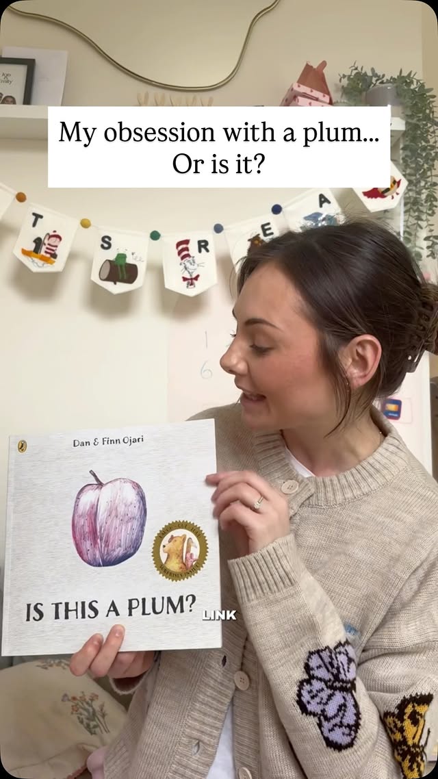 Instagram post by @thespeechmummy for Puffin Books. Caption reads: [...] 😂 📖 Is this a plum? By @ojaridan....
