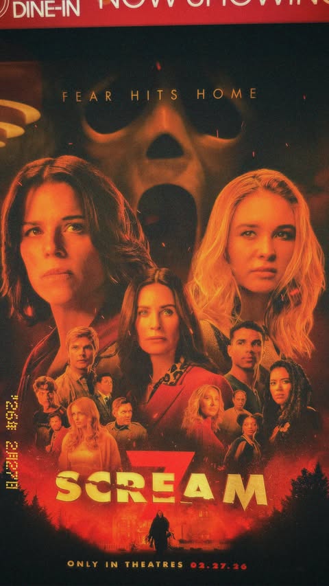Instagram post by @therealhollyw00d for AMC Theatres. Caption reads: SCREAM 7 MOVIE REVIEW #scream7news #igreach #feed....