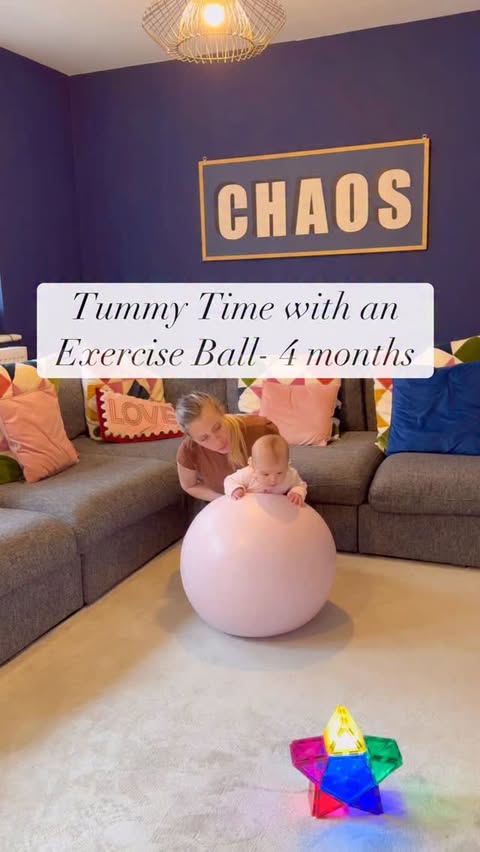 Instagram post by an influencer for CONNETIX Magnetic Tiles. Caption reads: AD Tummy Time with an Exercise Ball- 4 months....