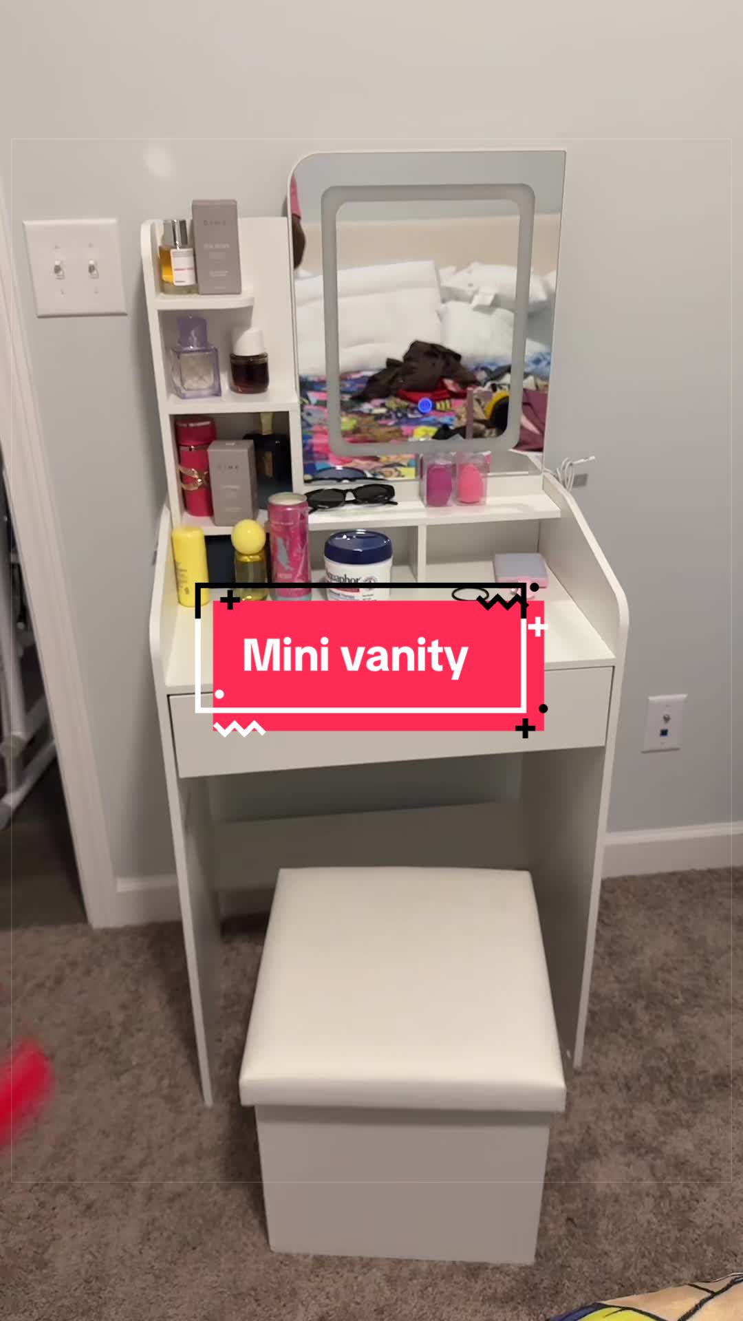 TikTok post by @victoriaalese for WeCharmer Store. Caption reads: [...] #vanityroom #vanitysetup #makeup @WeCharmer....