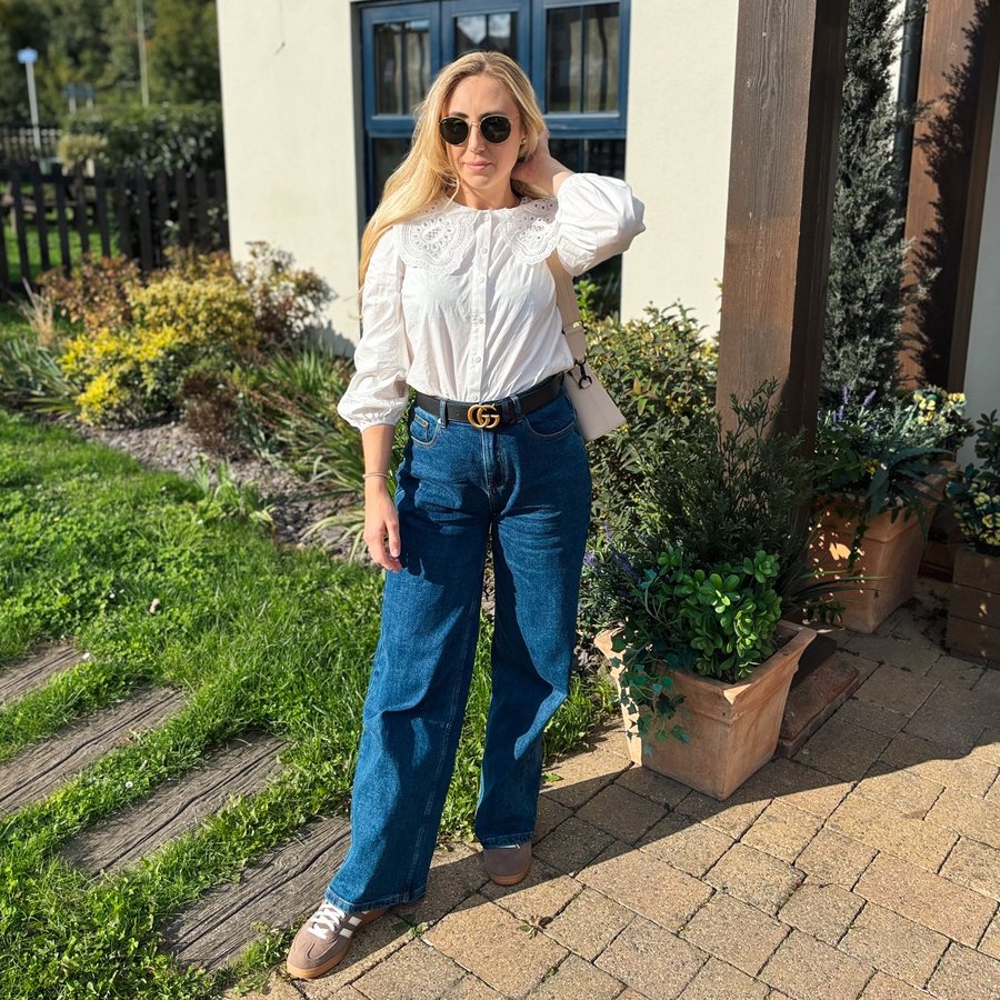 Instagram post by an influencer for LOVALL. Caption reads: [...] wide leg jeans by my fave @lovallofficial 💕....