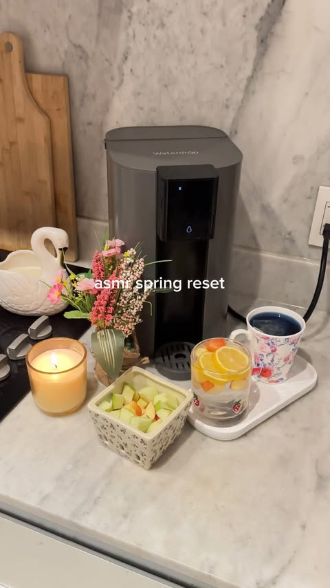 Instagram post by @galiciagordon for Waterdrop Filter. Caption reads: asmr spring reset ft. @waterdropfilter Countertop....