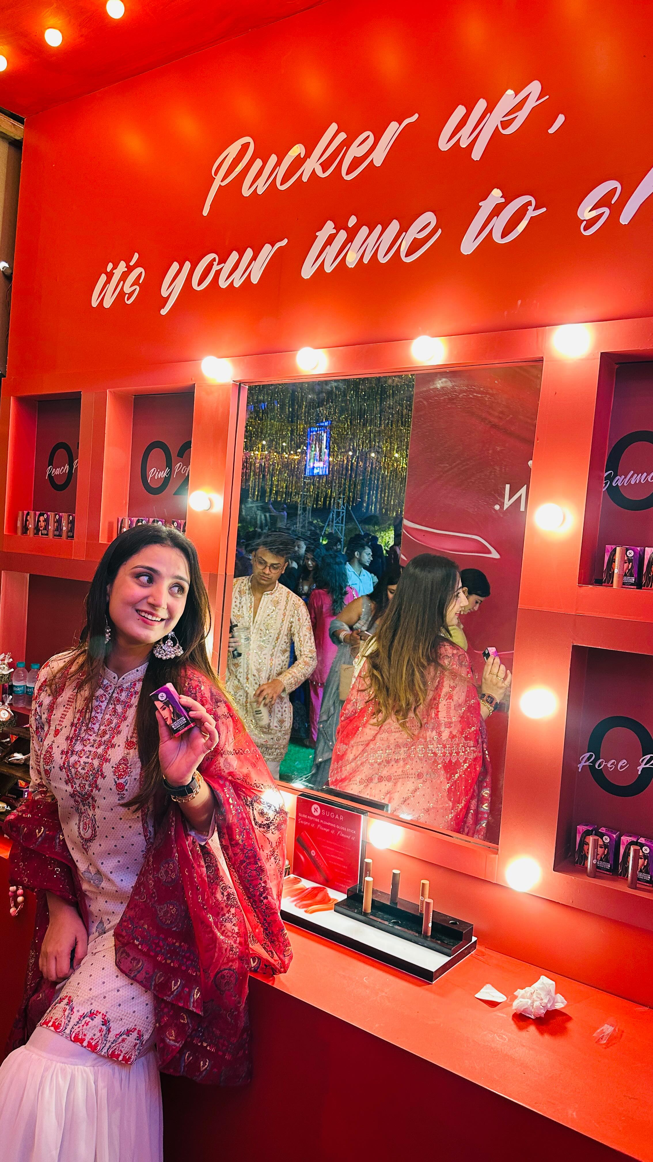 Instagram post by @adv_ummey_khansa for SUGAR Cosmetics. Caption reads: Shine meets care 💄 The @trysugar Glide Peptide....