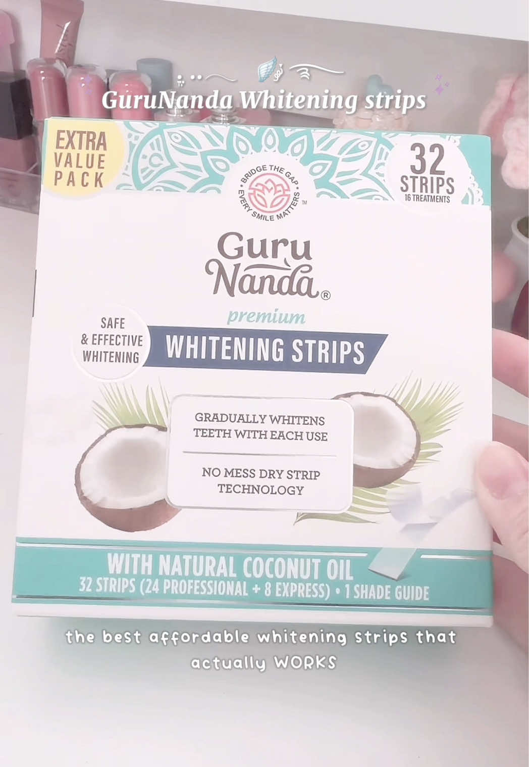 TikTok post by @jennny.512 for Gurunanda. Caption reads: [...] teeth so white 🤍✨🥥 #whiteningstrips....