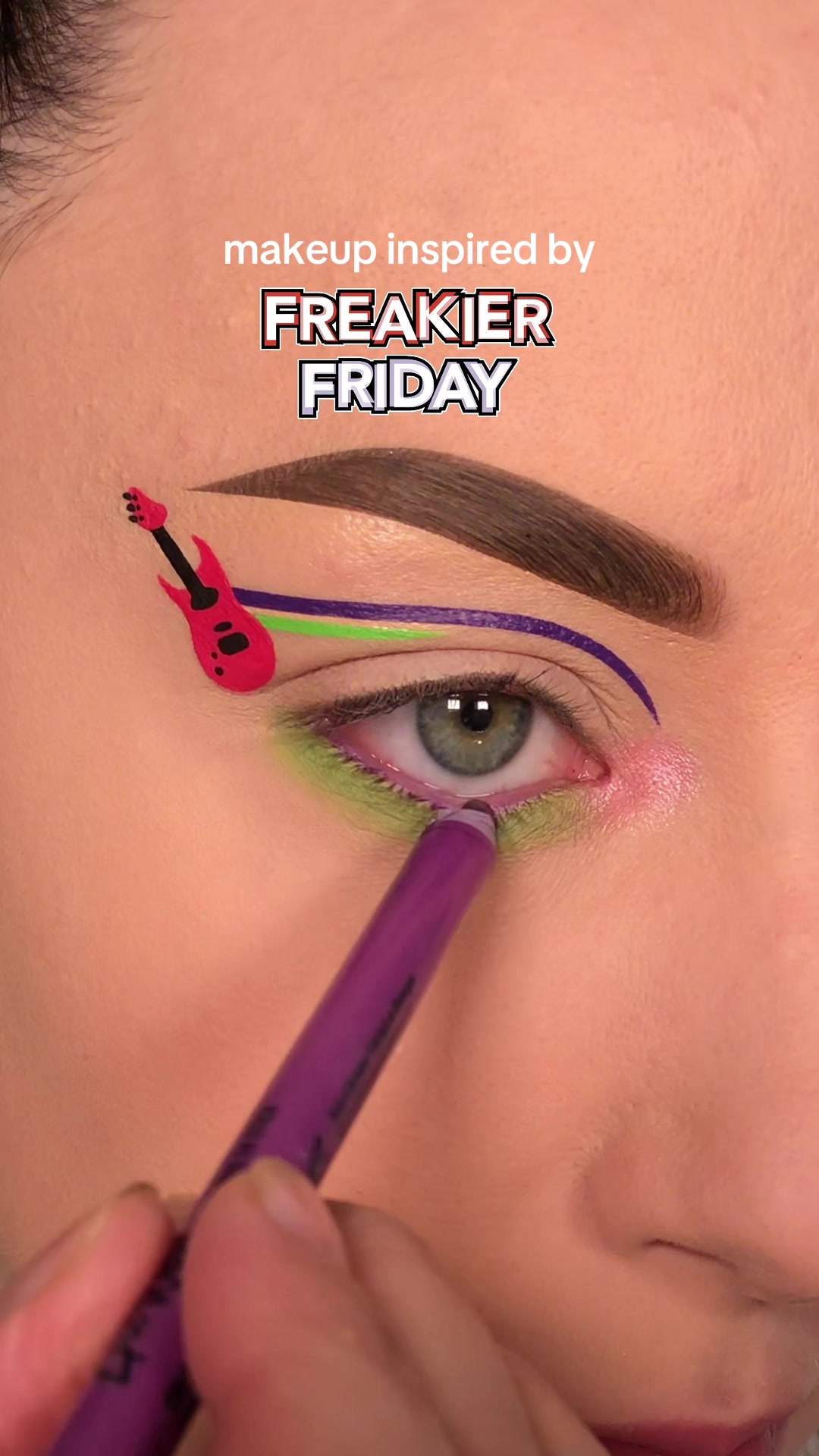 TikTok post by @alicekingmakeup for Eylure. Caption reads: makeup inspired by freakier friday🎸 - - @Glisten....