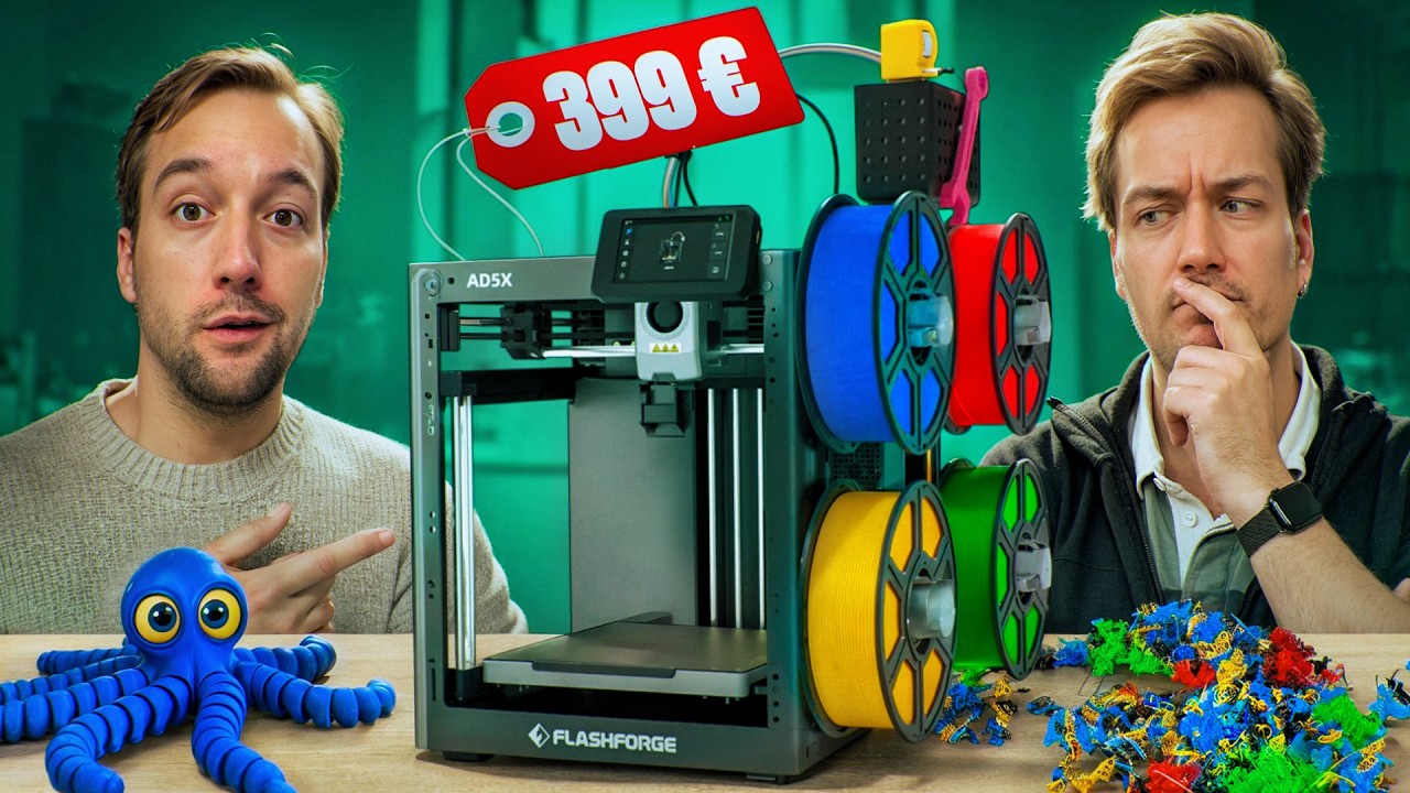YouTube post by @lesfrerespoulain for Thingiverse. Caption reads: The cheapest multicolor printer - Flashforge AD5X....