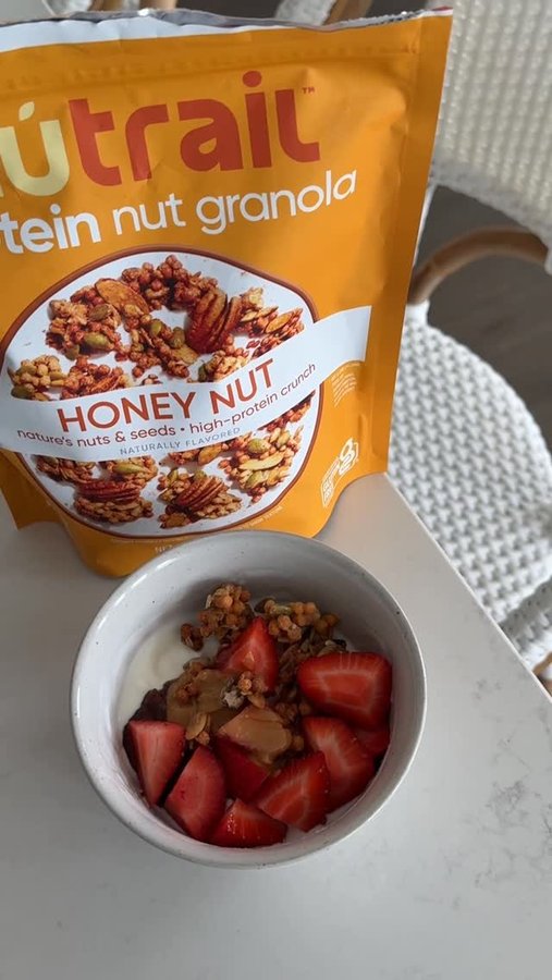 Instagram post by @beccahimsworth for nūtrail. Caption reads: #ad @nutrail new protein granola just hit @walmart....